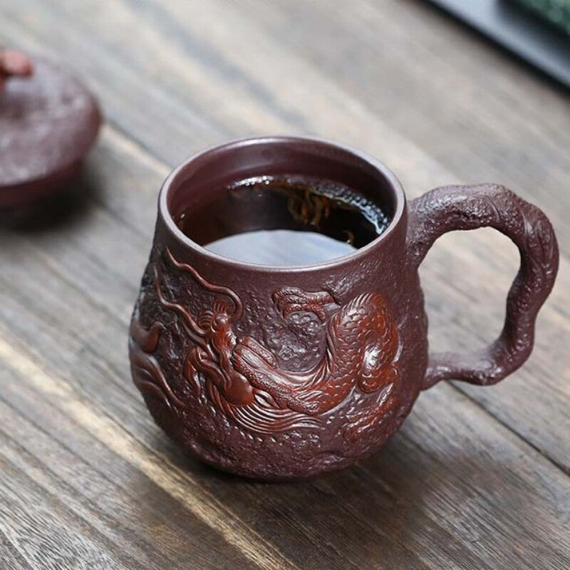 Full Handmade Tea Cup With Handle Lid Dragon Carved Office Cup True Yixing Zisha