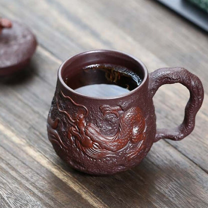 Full Handmade Tea Cup With Handle Lid Dragon Carved Office Cup True Yixing Zisha