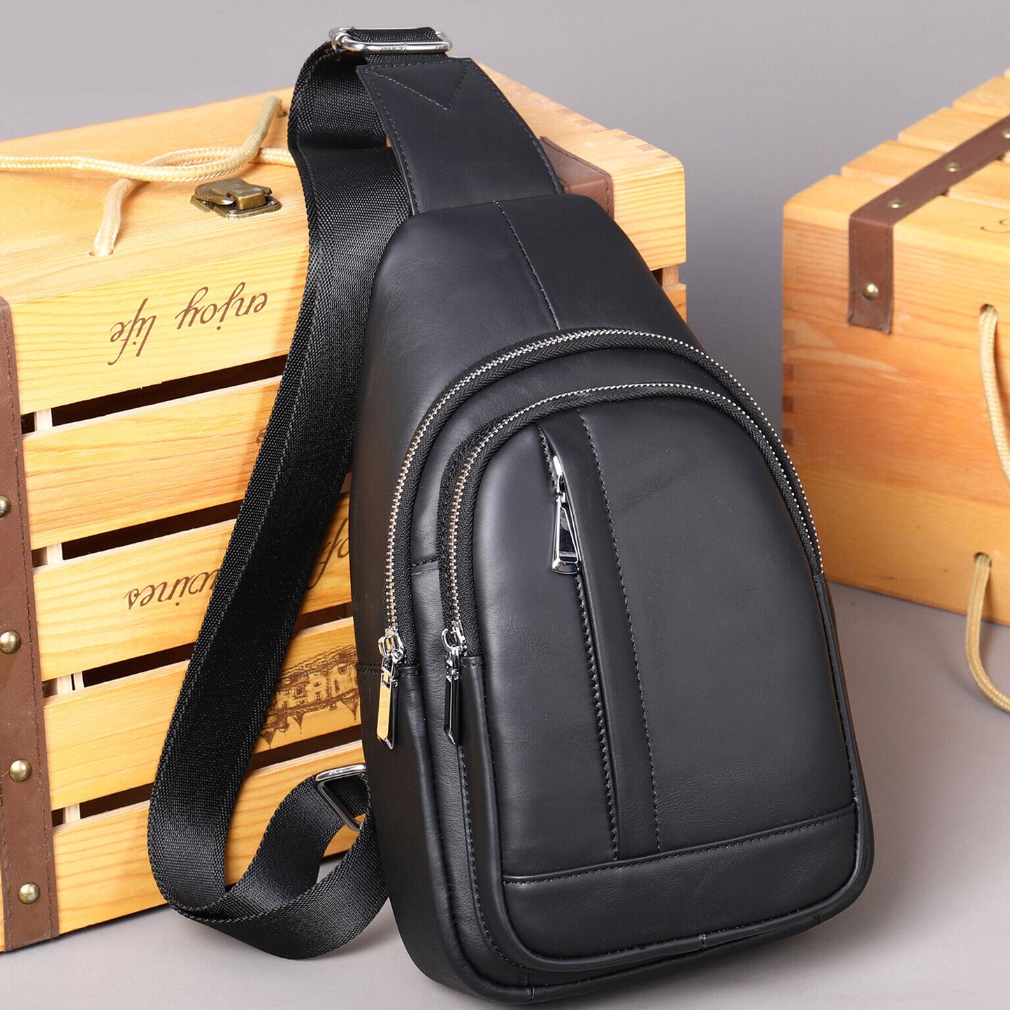 100% Genuine Leather Men's Cross Body Bag Shoulder Bag Sling Backpack for Hiking