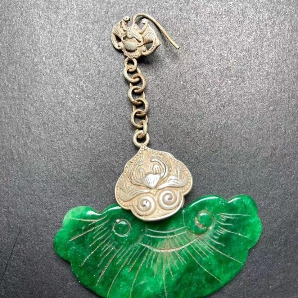 Pair of Old Emerald Tibetan Silver Fan Earrings - Ancient Jade Antique Jewelry