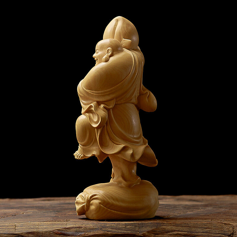 China Natural Boxwood Carved Maitreya Buddha Peach Statue Buddhism Decor Collect