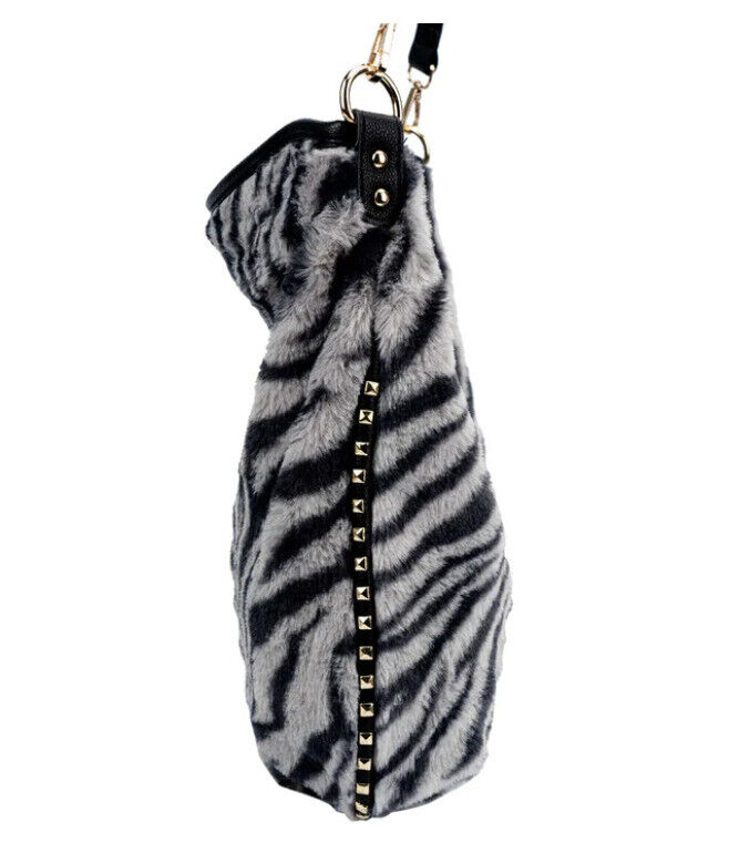 Celela Fluffy Zebra Print Rivet Women Hobo Crossbody Shoulder Handbag Purse Bag