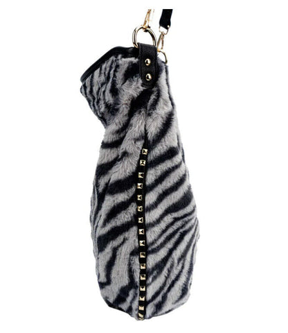 Celela Fluffy Zebra Print Rivet Women Hobo Crossbody Shoulder Handbag Purse Bag