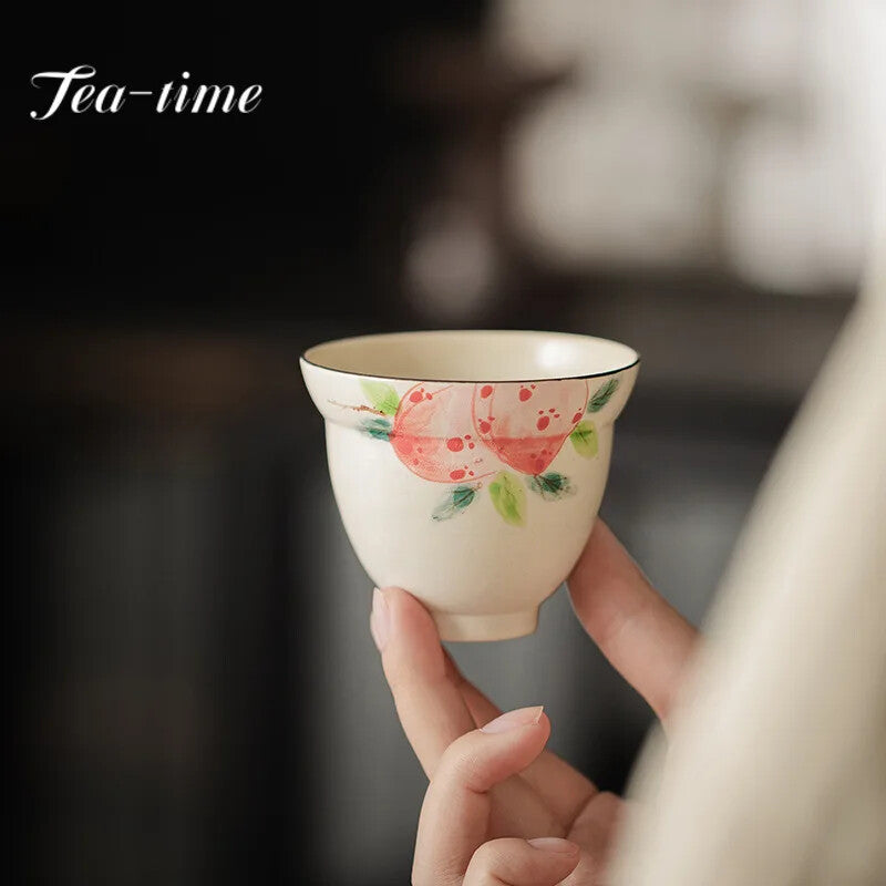 150ml on-glazed Ceramic Teacups Pure Hand Painted Pink Peach Stoneware Tea Cup