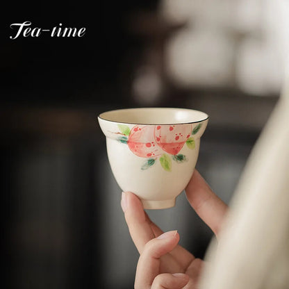 150ml on-glazed Ceramic Teacups Pure Hand Painted Pink Peach Stoneware Tea Cup