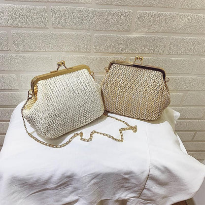 Straw Lock Shell Bag Beach Retro Vintage Chain Shoulder Crossbody Purse Handbags