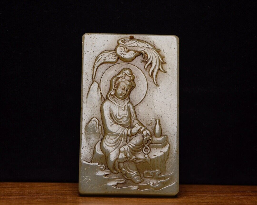 Chinese Natural Hetian Jade Carving Guanyin Statue Jade Pendant Jewelry Amulets