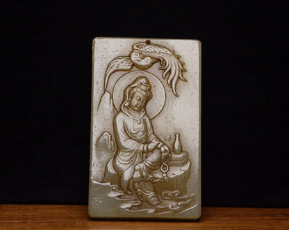 Chinese Natural Hetian Jade Carving Guanyin Statue Jade Pendant Jewelry Amulets