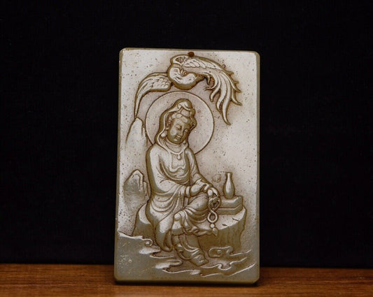 Chinese Natural Hetian Jade Carving Guanyin Statue Jade Pendant Jewelry Amulets