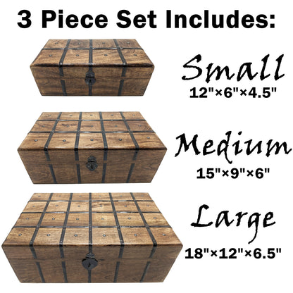 3 Set (S,M & L) Nesting Wooden Pirate Treasure Chests, Hinges & Clasps for locks