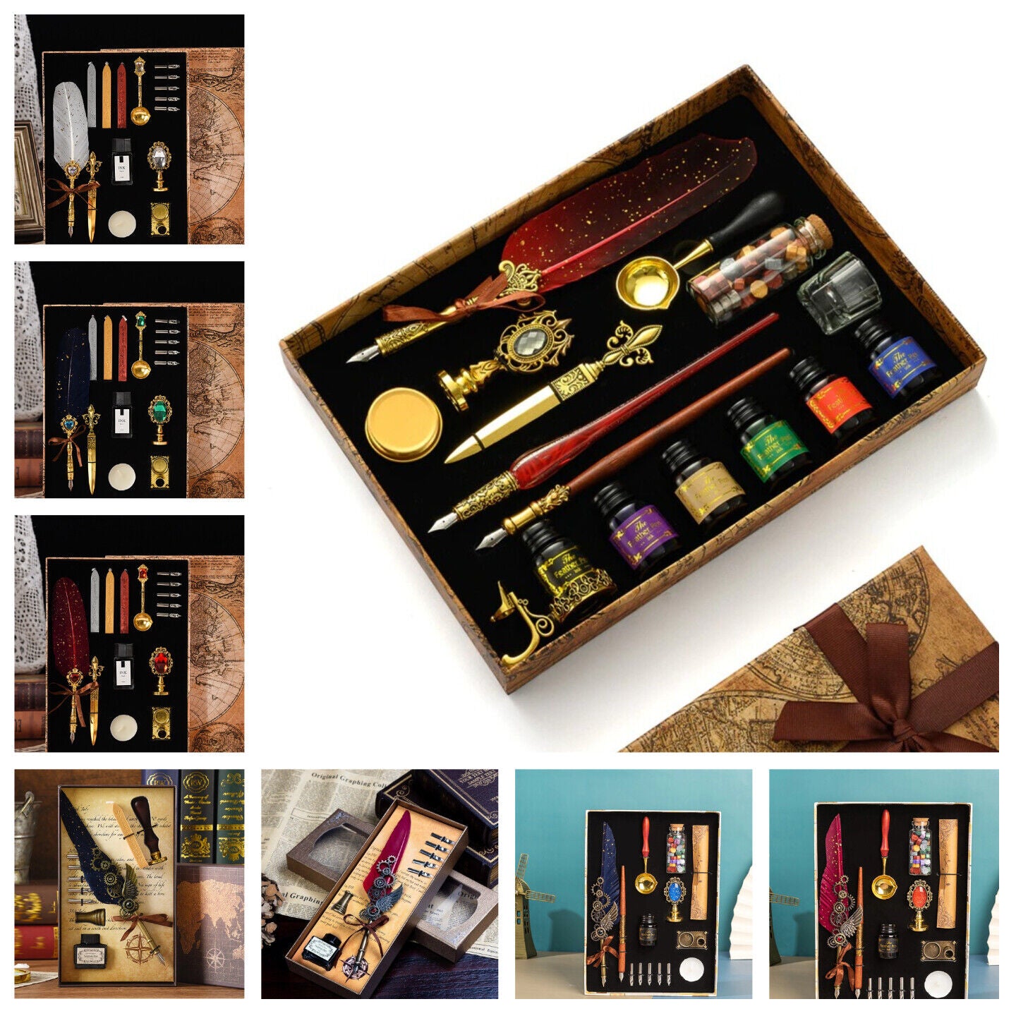 Wax Stamps Seal Feather Dip Quill Ink Gift Calligraphy Sealing Kits 2 3 Pen Sets