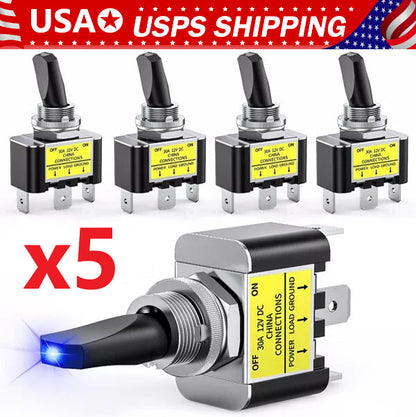 5x Blue LED Light 3Pin Rocker Toggle ON/Off Switch 30A 12V for Car Boat Marine
