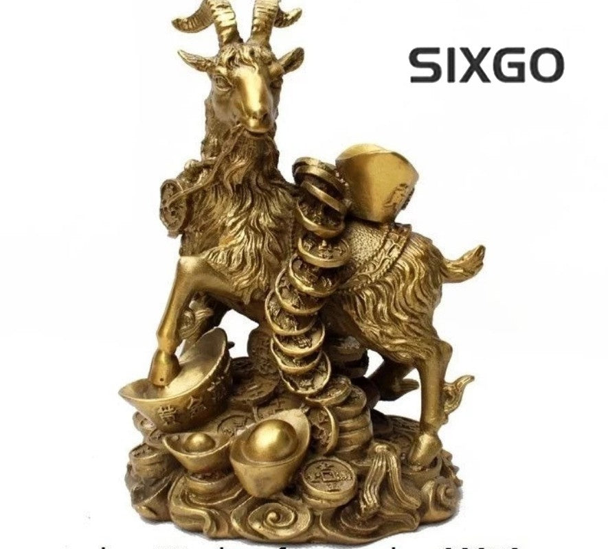 Chinese Brass Copper Auspicious Fengshui Wealth Money Yuanbao Sheep Goat Statue