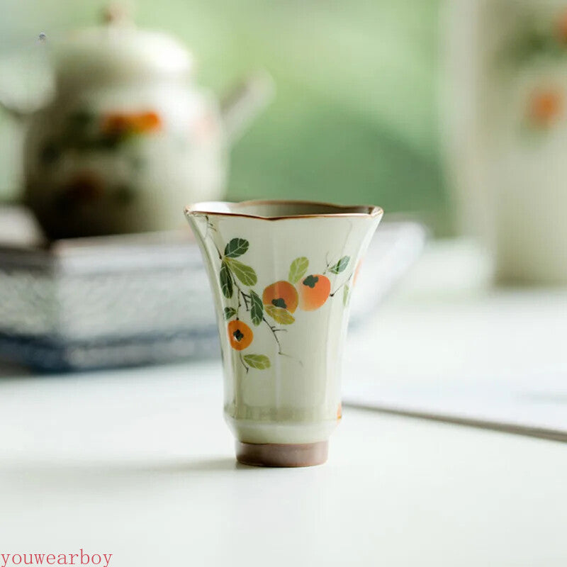 Chinese Teacup Hand Painted Persimmon Ceramic Tea Cup Flower Mouth Fragrance Cup