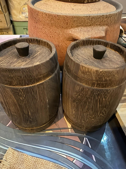 Vintage Wooden Barrel Jar 13.5×9cm 2Pcs Tea/Spice Canister Minor Defects