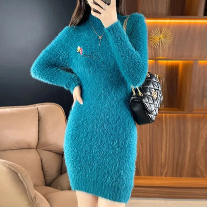Autumn Winter Mink Fleece Dress Women Sweater Dress Base Shirt Mini Dress