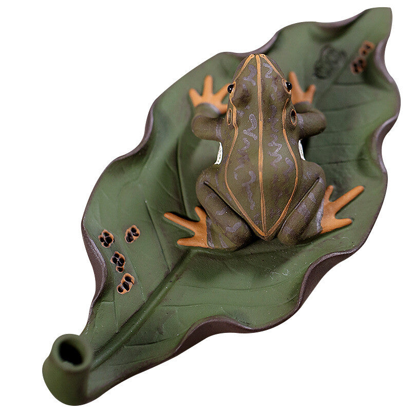 Elegant Tea Pet Full Handmade Frog On Leaf Marked Funny Tea Play Ornament Zisha