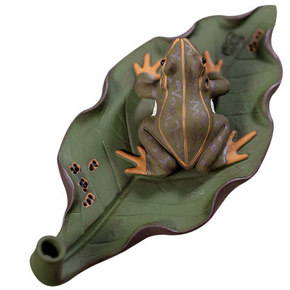 Elegant Tea Pet Full Handmade Frog On Leaf Marked Funny Tea Play Ornament Zisha