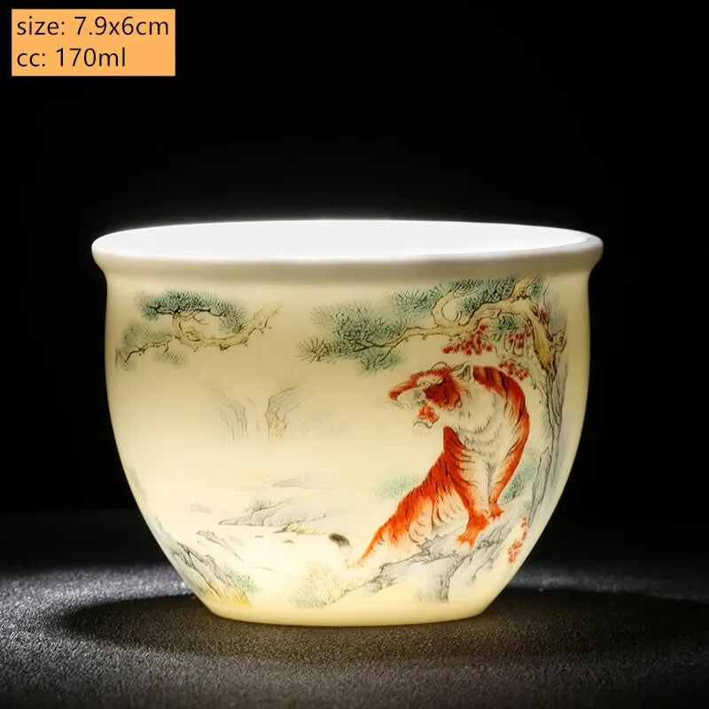 Jade Ceramic Tea Cup Zodiac Tiger Tea Cup Master Cup White Porcelain Tea Set