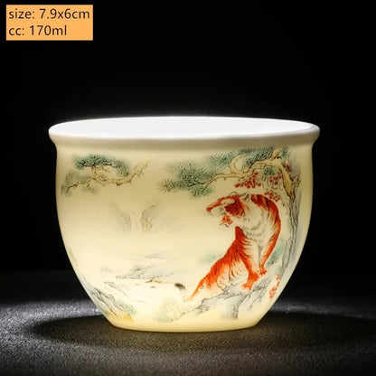 Jade Ceramic Tea Cup Zodiac Tiger Tea Cup Master Cup White Porcelain Tea Set