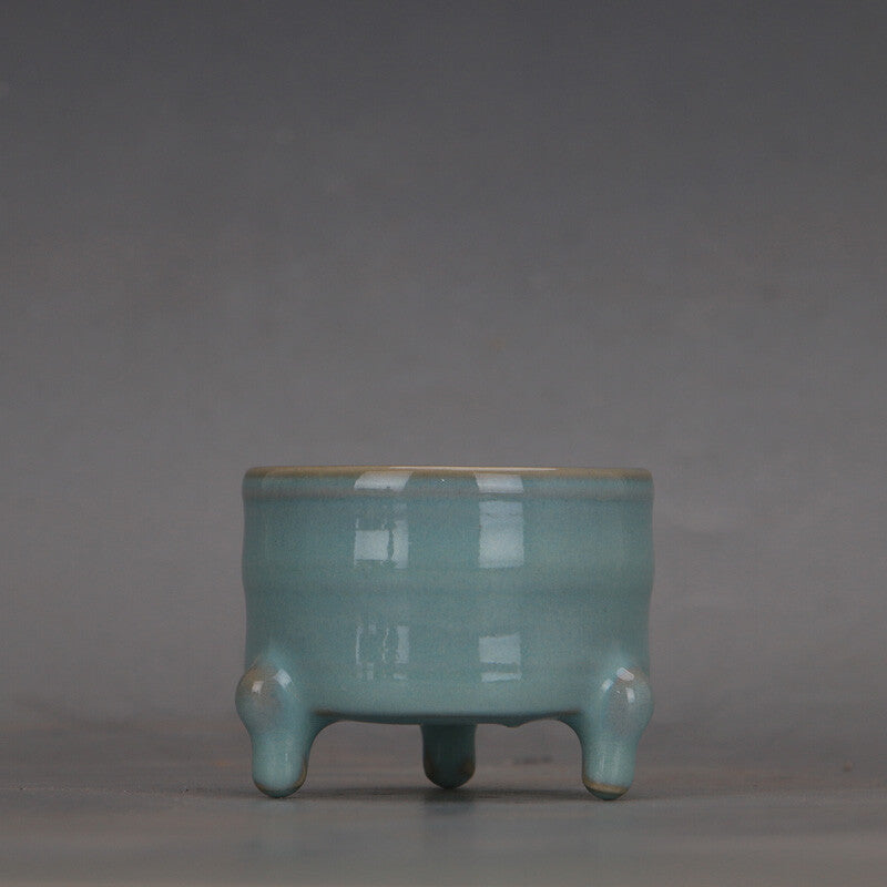 2.4" collection Chinese Song Ru Kiln Porcelain Celeste Glaze Three Foot Cup