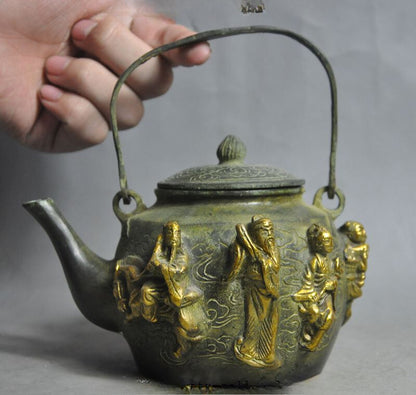 6" china bronze gilt Pat Sin Eight Immortals God statue Kettle Teapot Tea maker
