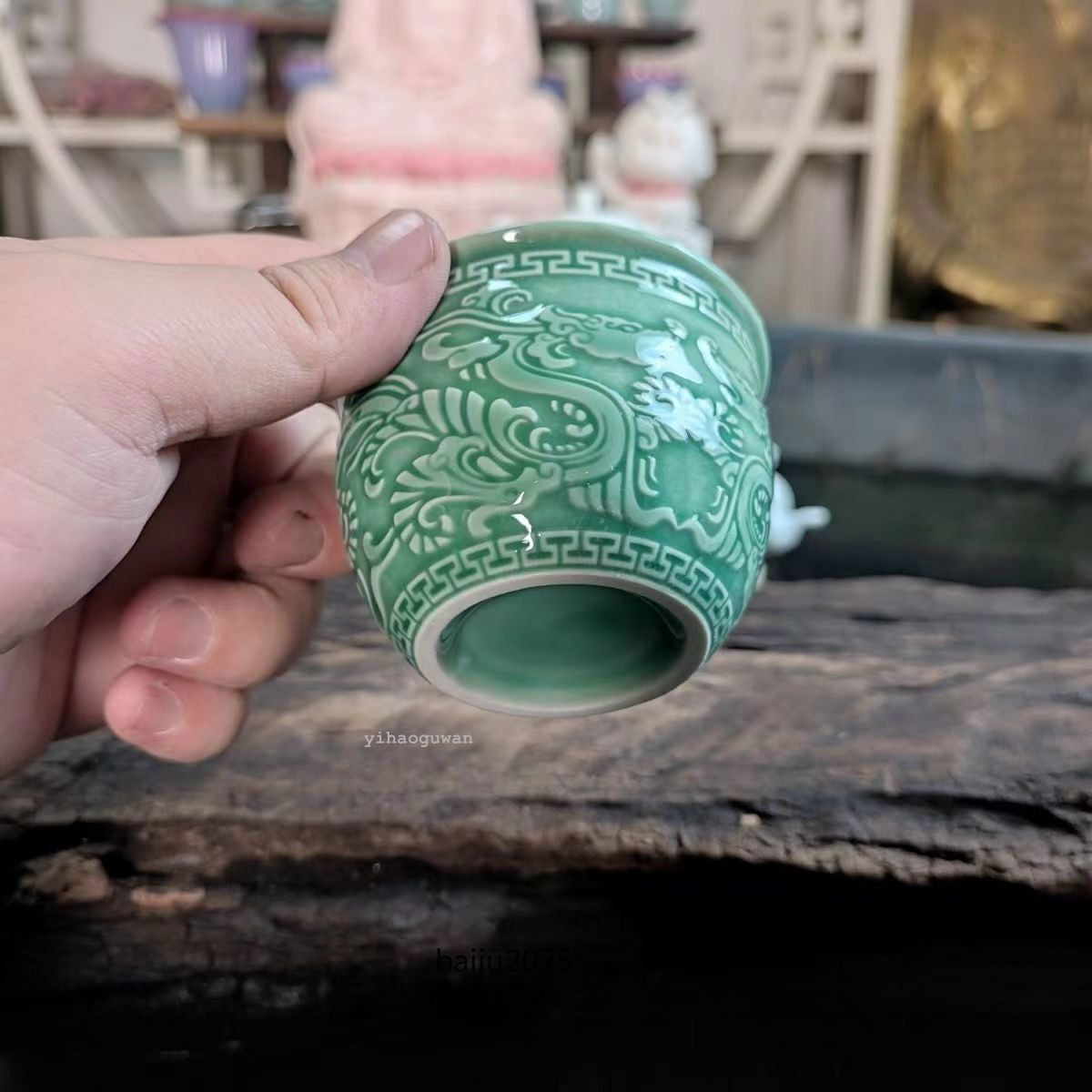 125ML Chinese antique green glazed dragon patterned master tea cup