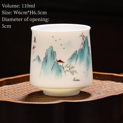 One Cup Fat Mutton Jade Porcelain Kungfu Tea Cup Mountain River Print Mug 110ml