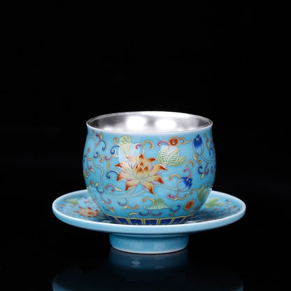 Color Enamel Craft Porcelain Pure Silver Tea Cup With Saucer On Sales 80ml New