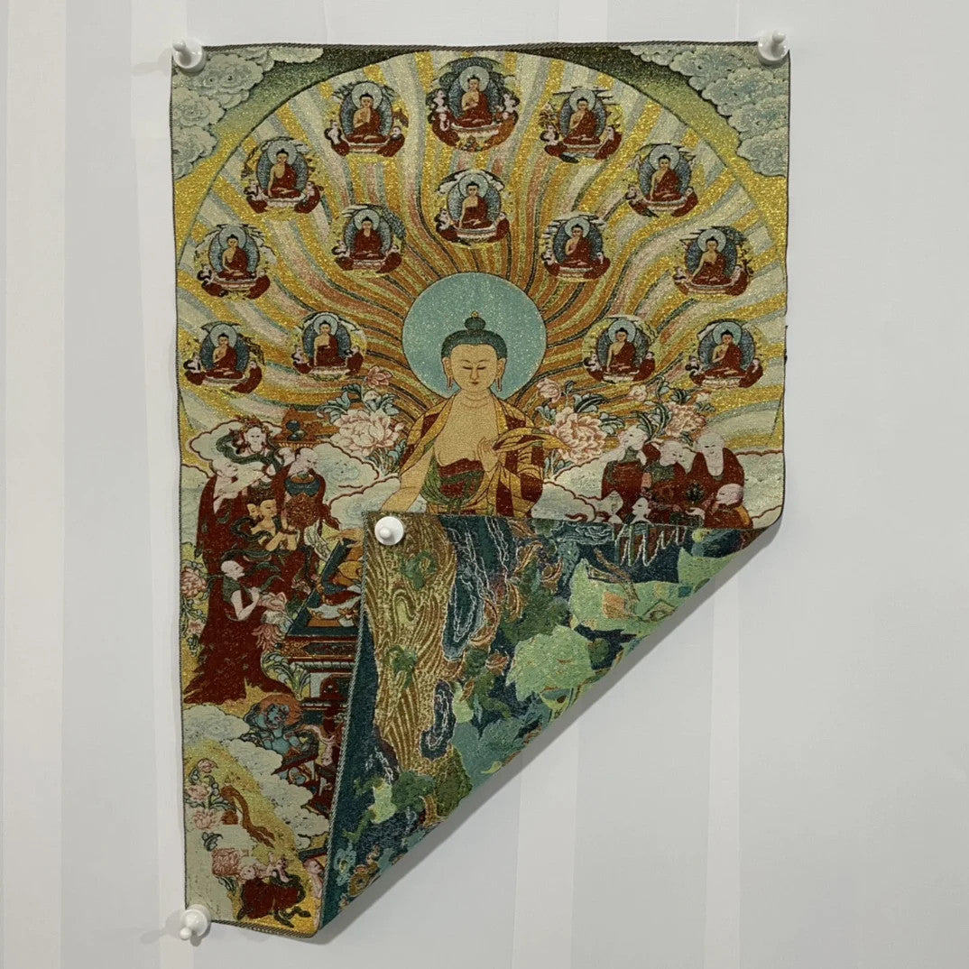 35" Tibetan Buddhism Embroidery Parinirvana Sitting Buddha Shakyamuni Thangka