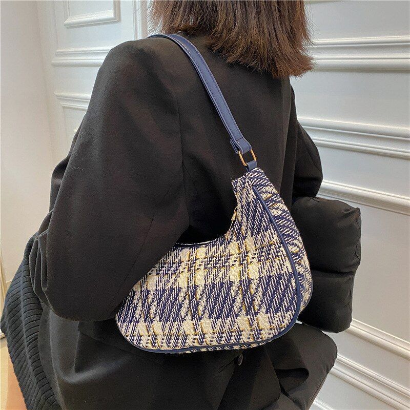 Plaid Canvas Bag Synthetic Leather Shoulder Bag Simple Zipper Handbags 24*8*18CM