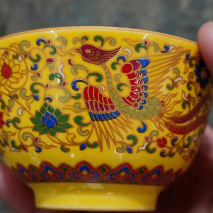 3.3" Collect Antique Chinese Ming Porcelain Yellow Glaze Phoenix Cup