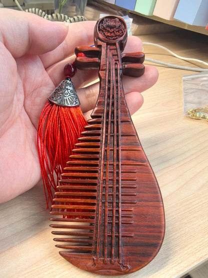 Red Sandalwood Lute Comb Carved Vintage Wooden Comb Ornament