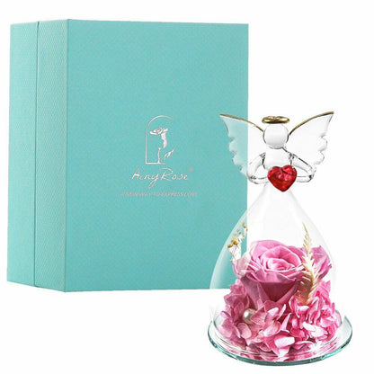Real Rose Angel In Glass Dome Preserved Flowers Wedding Birthday Gifts 2.9 x4.3"
