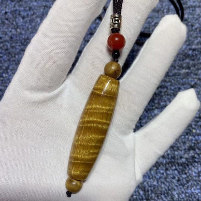 Golden Nanmu Ebony Pendant 1.89*0.47in Wave Grain Dzi Bead Shape Unisex Handmade