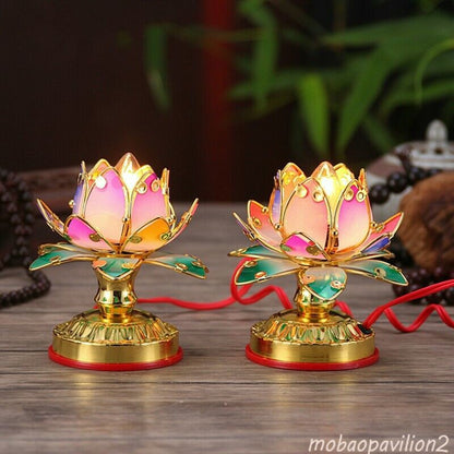 2pcs Buddhist Colorful Temple Shrine Prayer Worship Buddha Lotus Lamp 4.7"