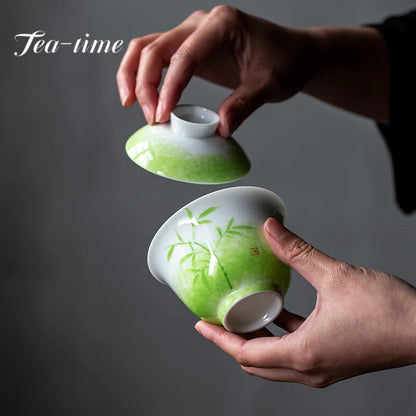 150ml Retro Grass Green Ceramic Tea Tureen Hand-painted Bamboo Tea Bowl