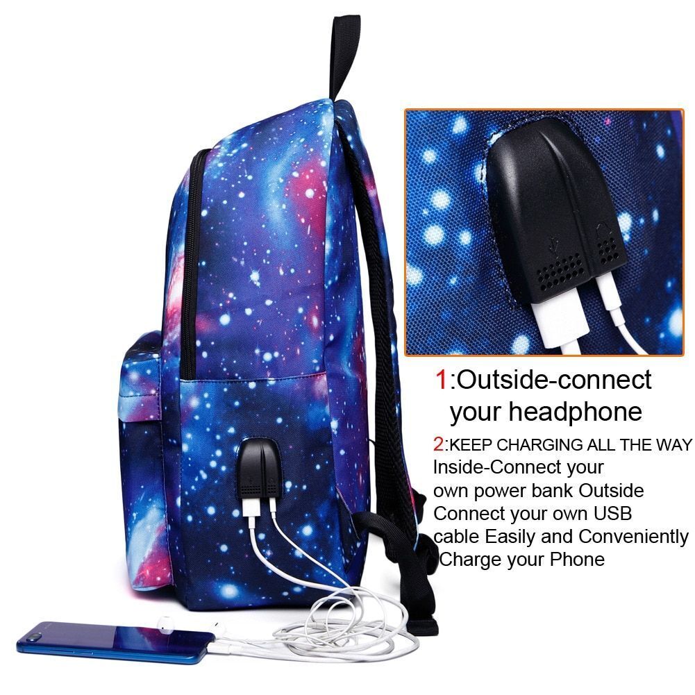 Colorful Space Print Backpack Rechargeable School Bag Traveling Polyester Canvas