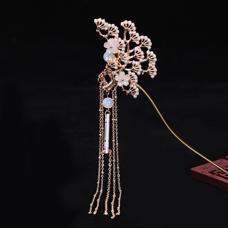 Chinese Traditional Classical Flower Simulated Pearls Tassel Hair Clasp Decor
