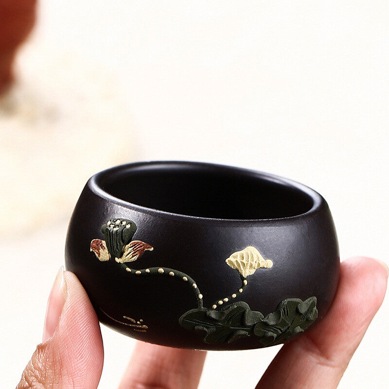 Chinese Real Yixing Zisha Black Clay Tea Cup Handmade Floral Relief Master Cups