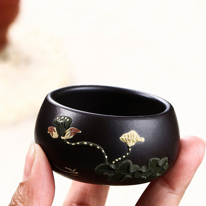 Chinese Real Yixing Zisha Black Clay Tea Cup Handmade Floral Relief Master Cups