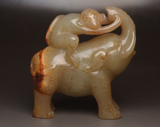 Collection Chinese Natural Hetian Jade Carving Exquisite Elephant Monkey Statue