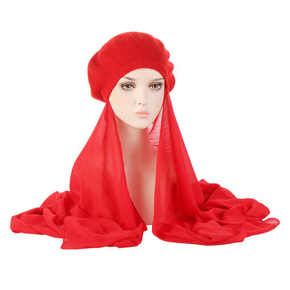 Womens Beret Hat Chiffon Scarf Instant Hijab Shawls Wrap Headsacrf Bandana Caps↖