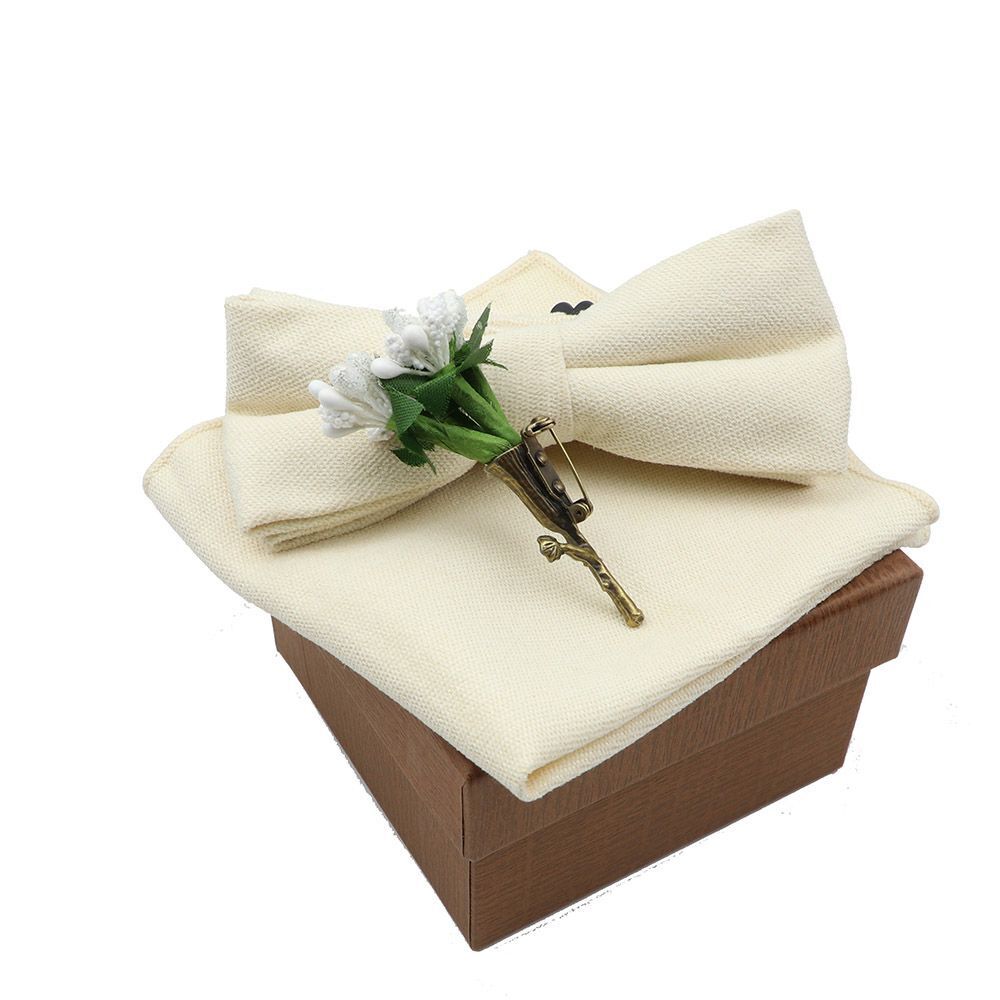 Men Bow Ties 3Pcs Cotton Handkerchief Flower Brooch Women Party Wedding Necktie