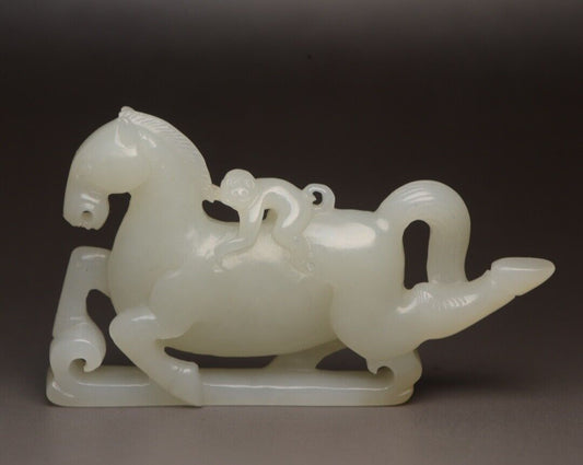 Top Chinese Natural Hotan Jade Carving Exquisite Horse Monkey Statue Collectible