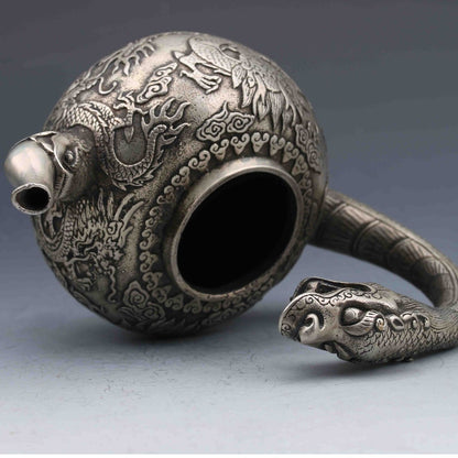Collection Chinese Tibetan Silver Hand-Carved Dragon Teapot