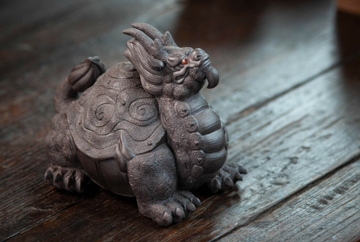 Chinese Yixing Handmade black Clay LingShouLongGui tea Pet Gongfu Dragon turtle