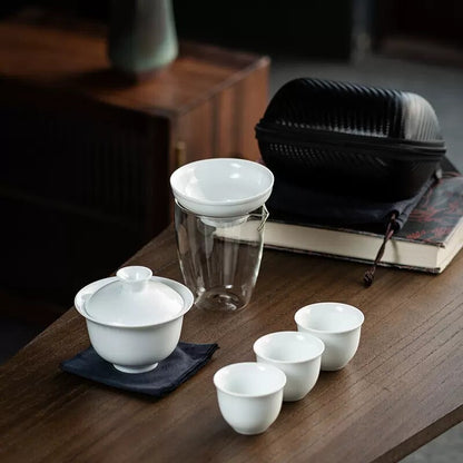 Travel Tea Set Porcelain Gaiwan Matching Tea Cups Glass Pitcher Portable Bag New