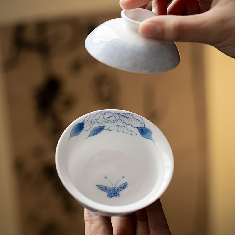1pc Hand-drawn Sprinkle Blue Butterfly Love Flower Er Cai Gaiwan Tea Cup