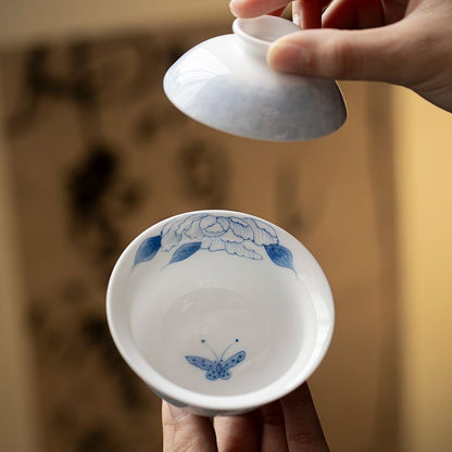 1pc Hand-drawn Sprinkle Blue Butterfly Love Flower Er Cai Gaiwan Tea Cup